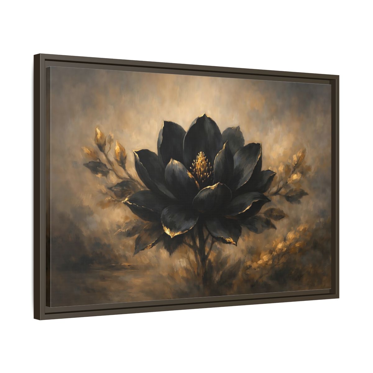 Side Mockup 11. Floral Black Flower Black And Gold shown as stretched canvas wall art
