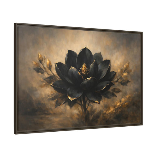 Main Mockup. Floral Black Flower Black And Gold shown as stretched canvas wall art