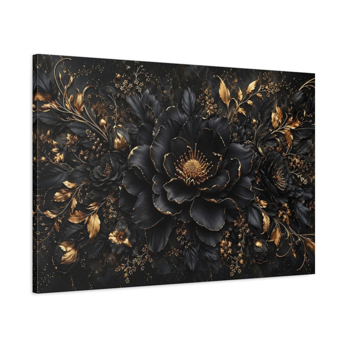 Main Mockup. Floral Black Flower Black And Gold Floral shown as stretched canvas wall art