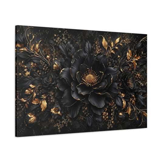 Main Mockup. Floral Black Flower Black And Gold Floral shown as stretched canvas wall art