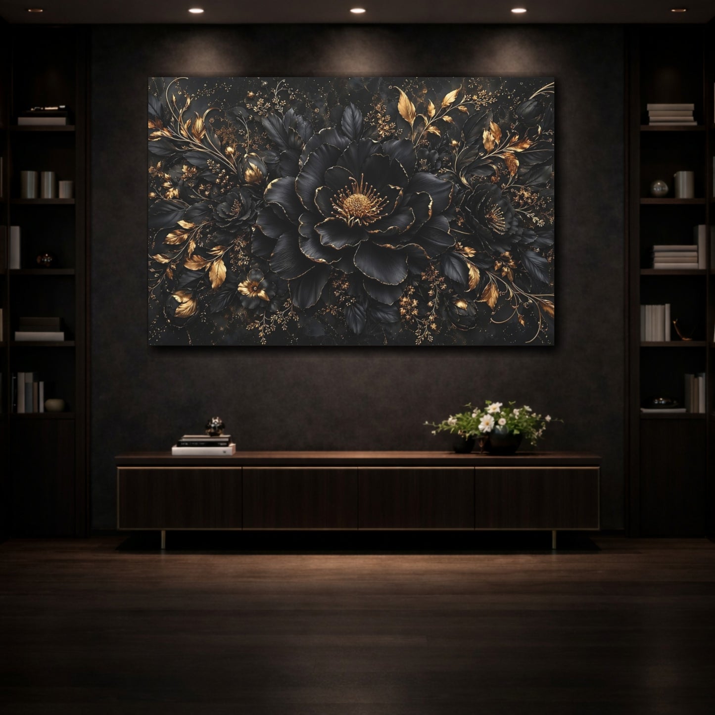 Mockup 3. Floral Black Flower Black And Gold Floral shown as stretched canvas wall art