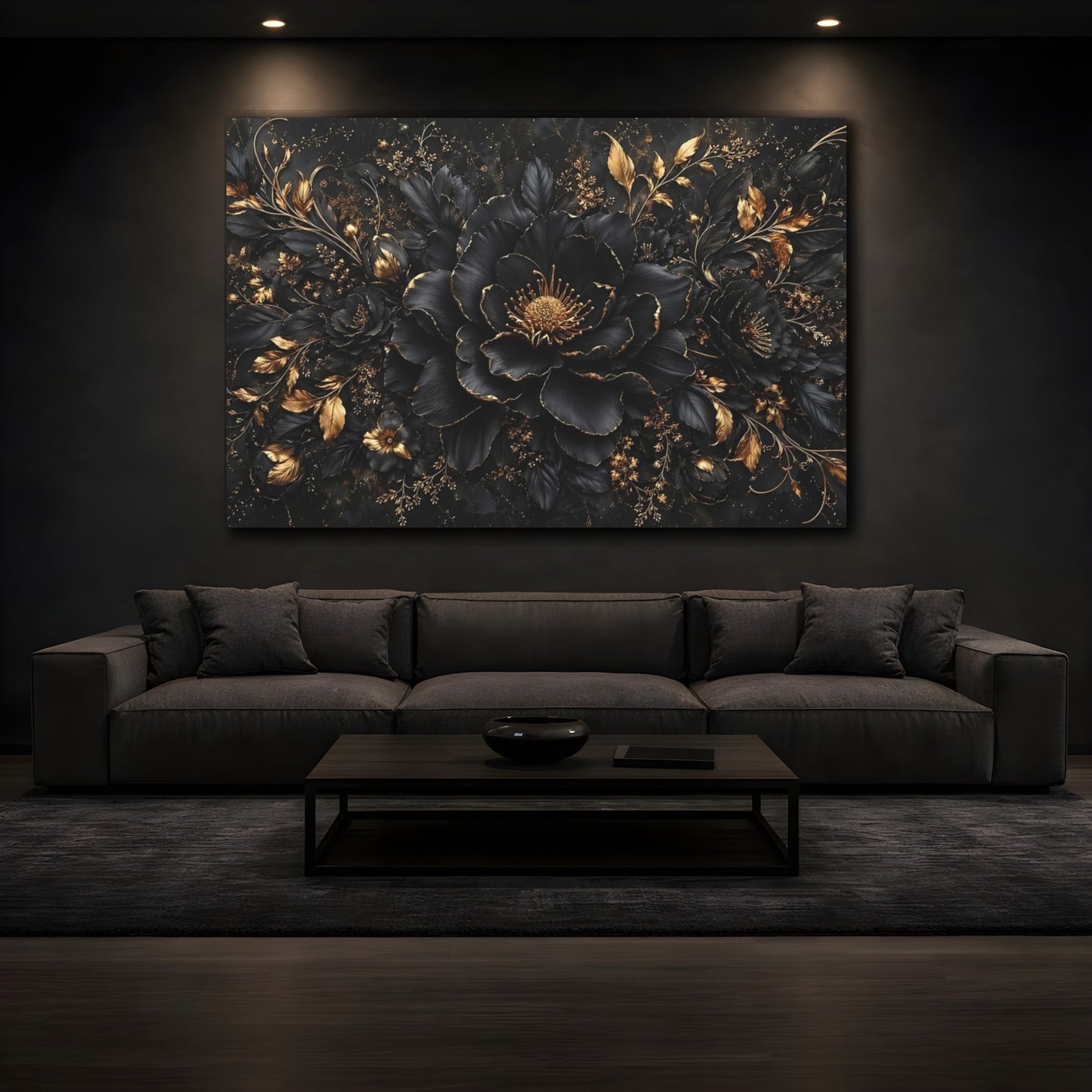 Mockup 4. Floral Black Flower Black And Gold Floral shown as stretched canvas wall art