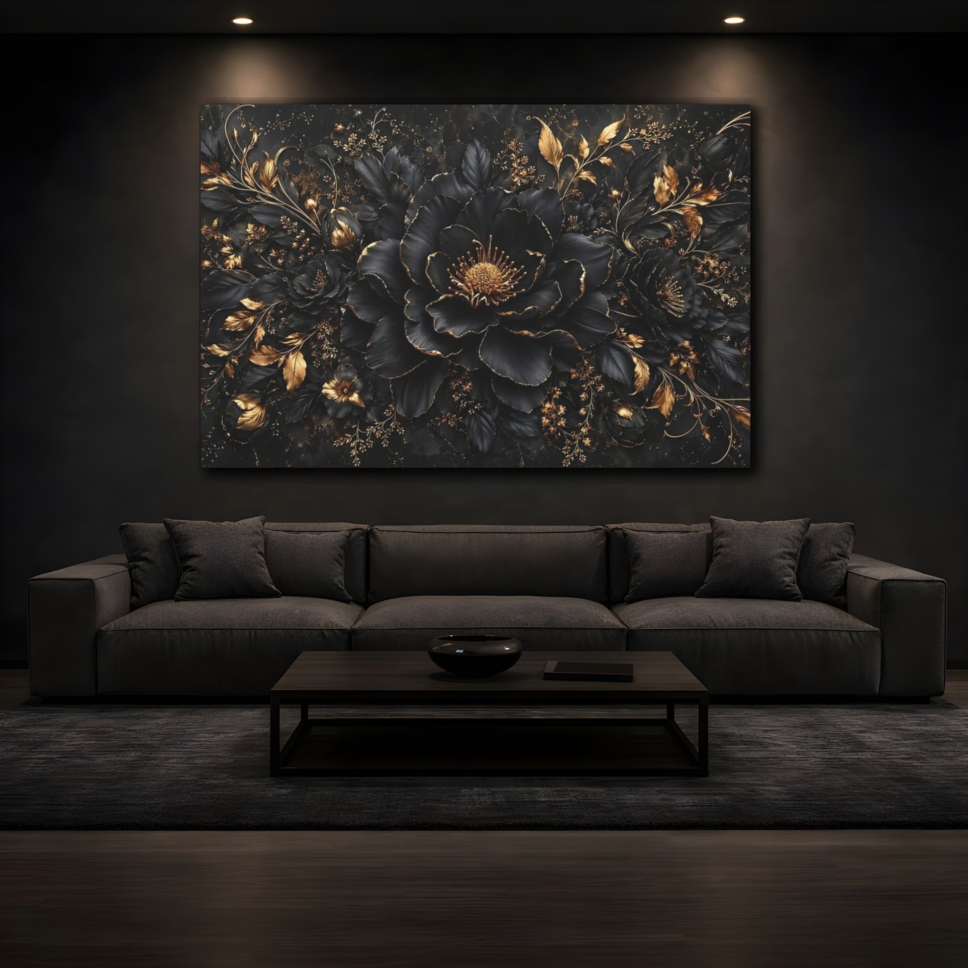 Mockup 4. Floral Black Flower Black And Gold Floral shown as stretched canvas wall art