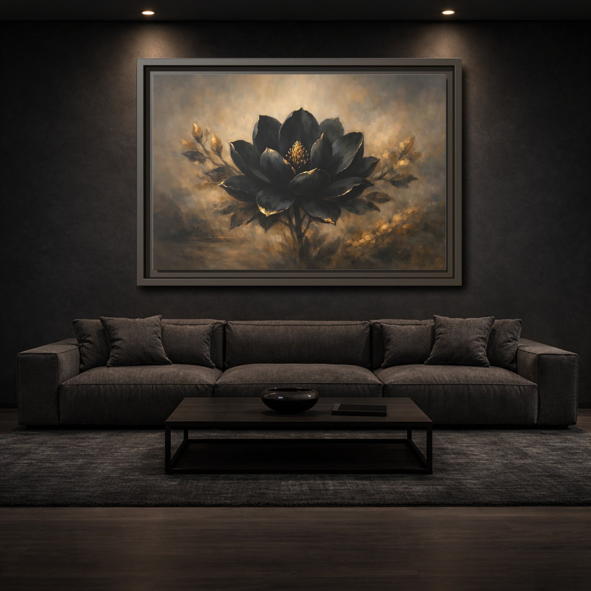 Mockup 2. Floral Black Flower Black And Gold shown as stretched canvas wall art