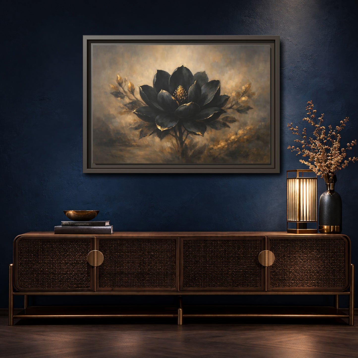 Mockup 4. Floral Black Flower Black And Gold shown as stretched canvas wall art