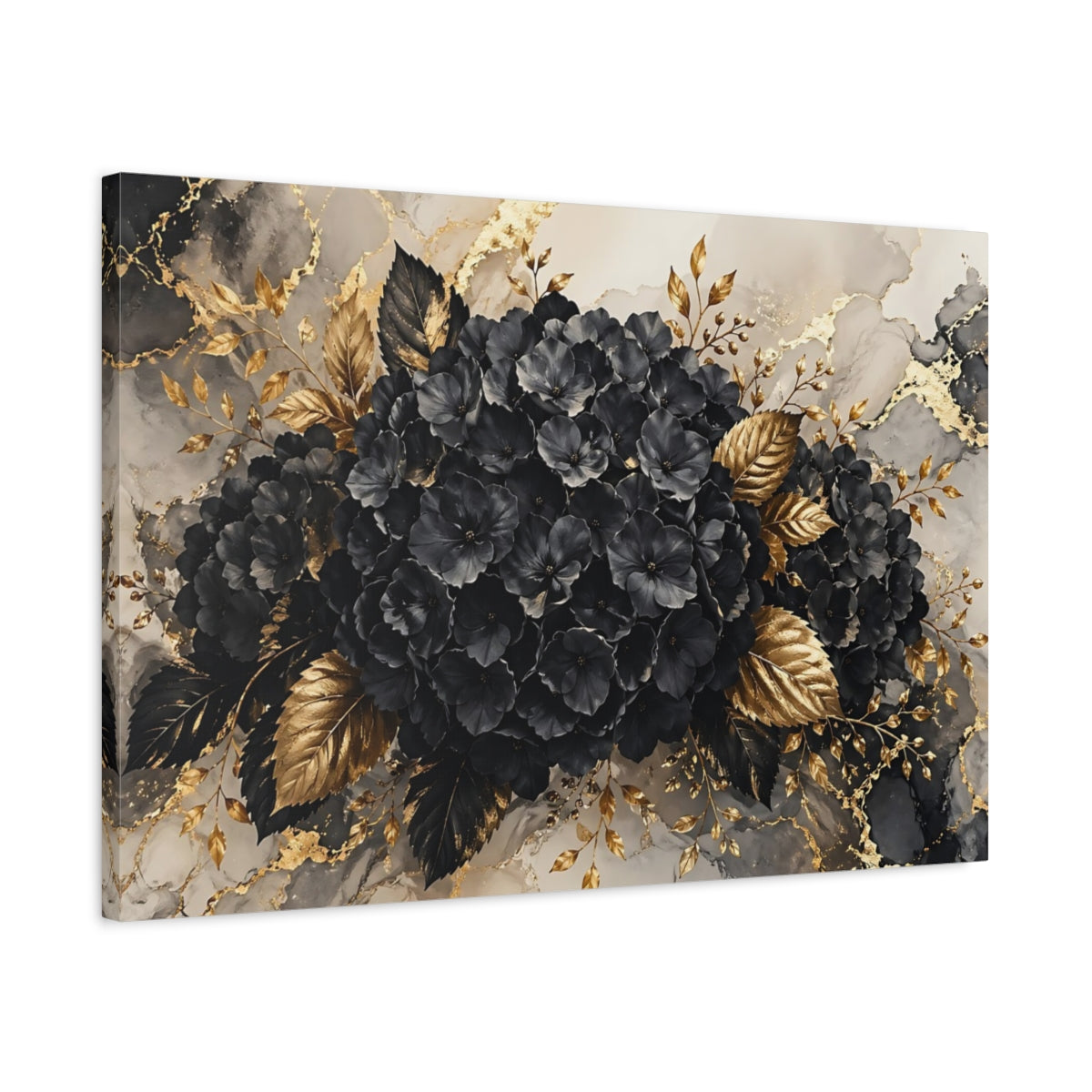 Side Mockup 2. Floral Black Flowers Black And Gold shown as stretched canvas wall art
