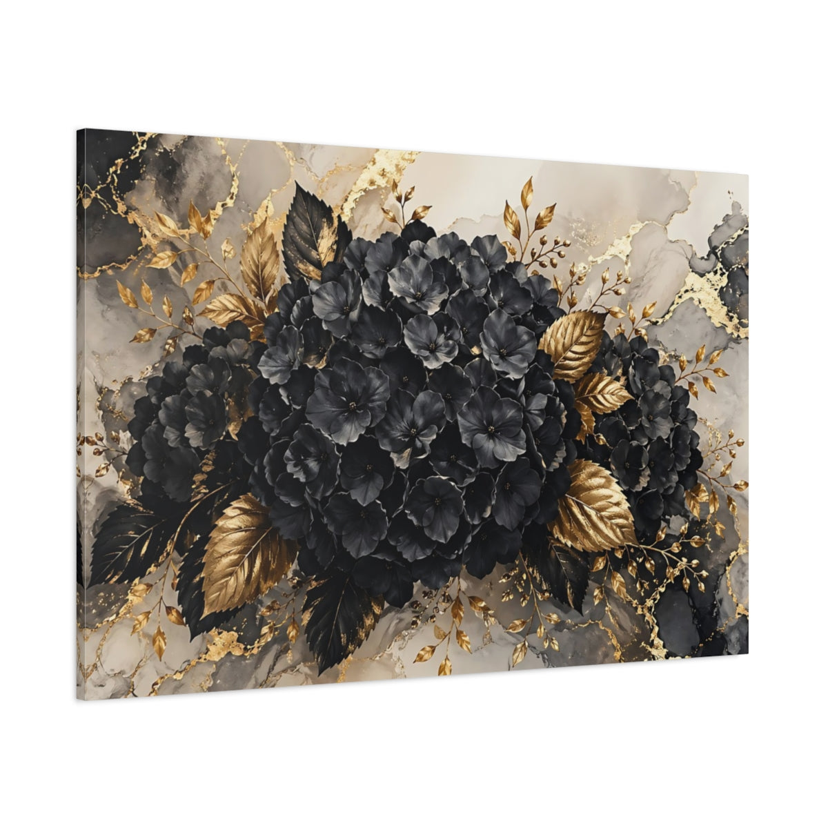 Side Mockup 1. Floral Black Flowers Black And Gold shown as stretched canvas wall art