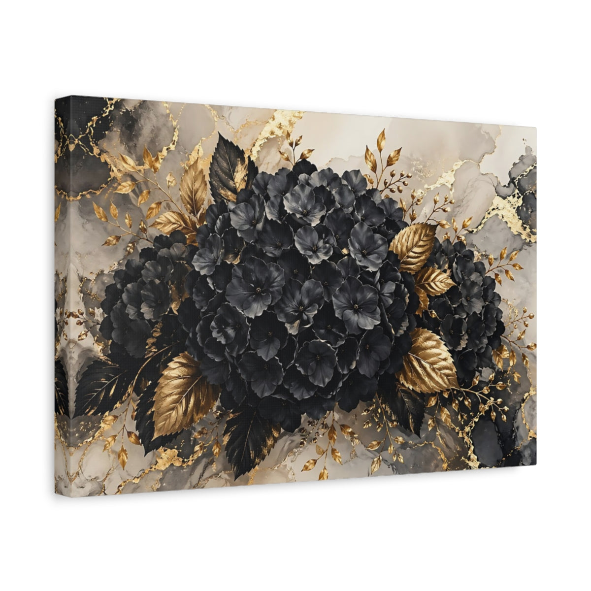 Side Mockup 4. Floral Black Flowers Black And Gold shown as stretched canvas wall art