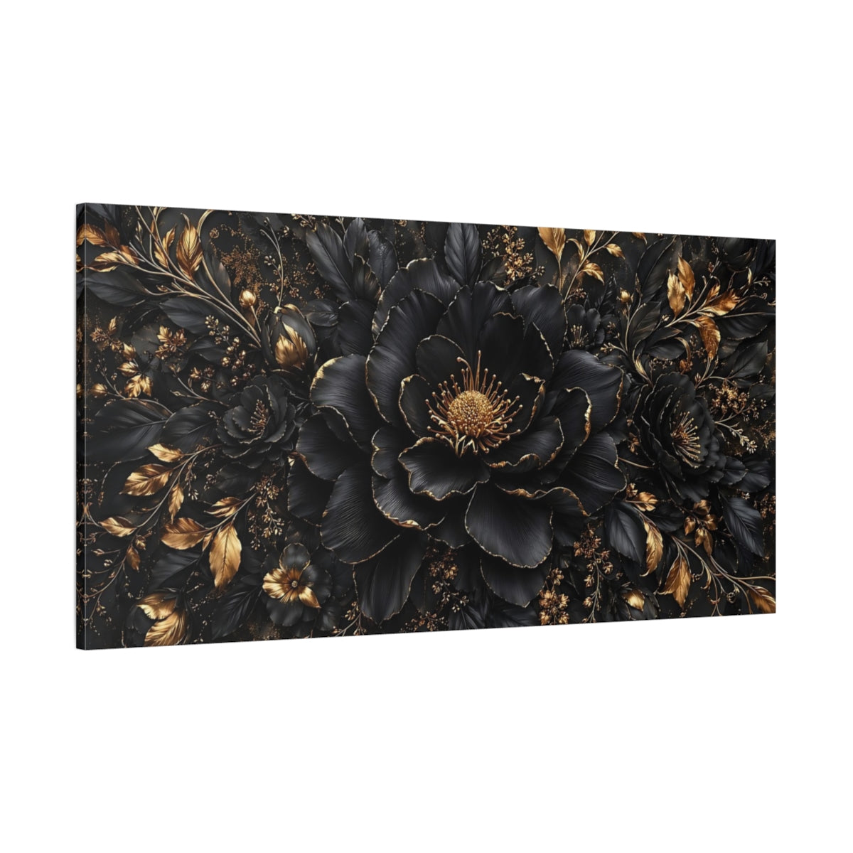 Side Mockup 2. Floral Black Flowers Black And Gold shown as stretched canvas wall art