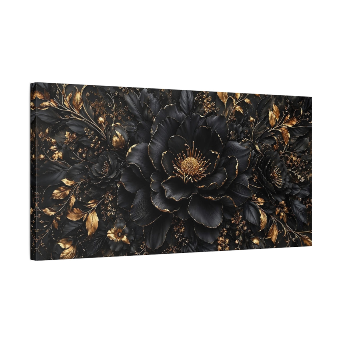 Side Mockup 1. Floral Black Flowers Black And Gold shown as stretched canvas wall art
