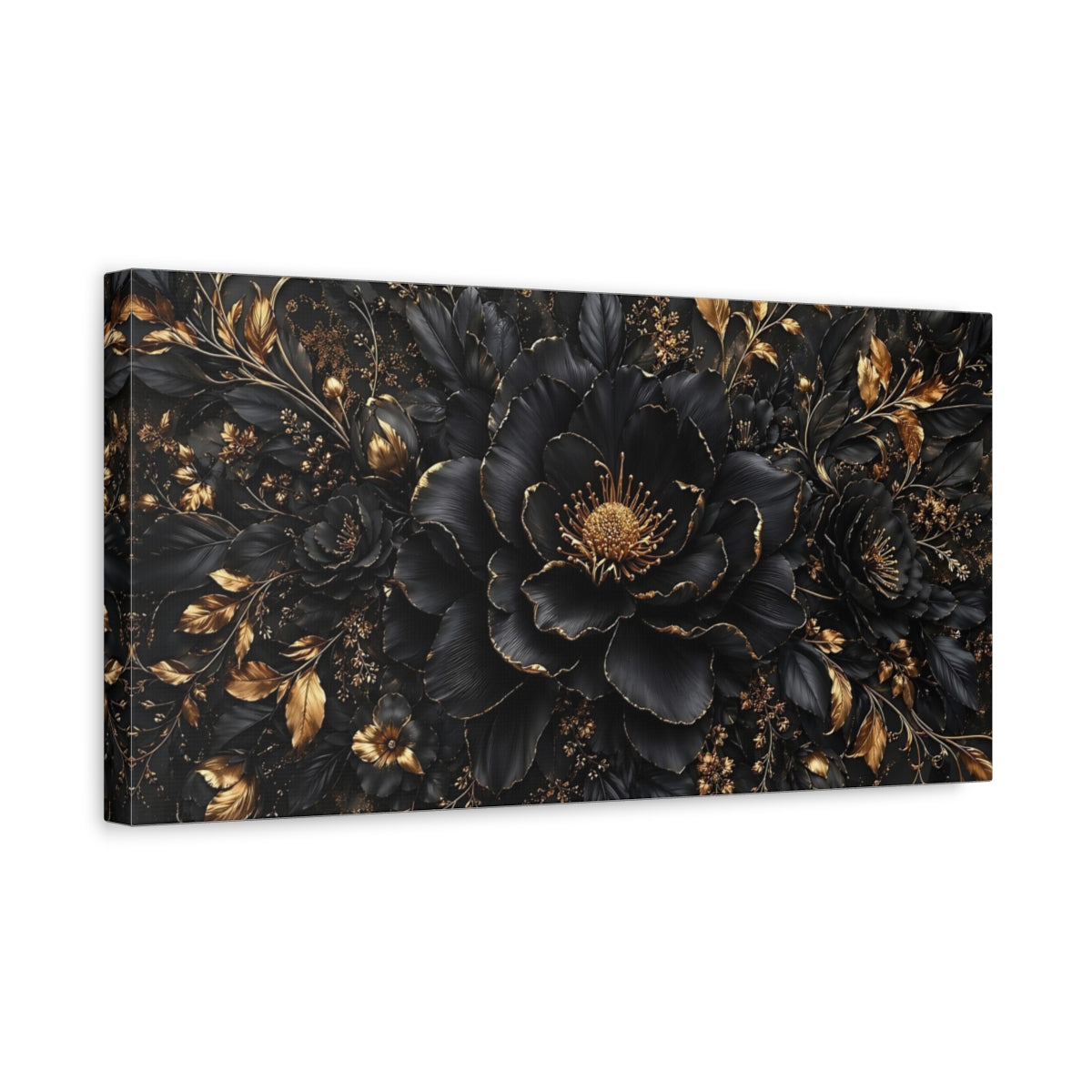 Side Mockup 3. Floral Black Flowers Black And Gold shown as stretched canvas wall art