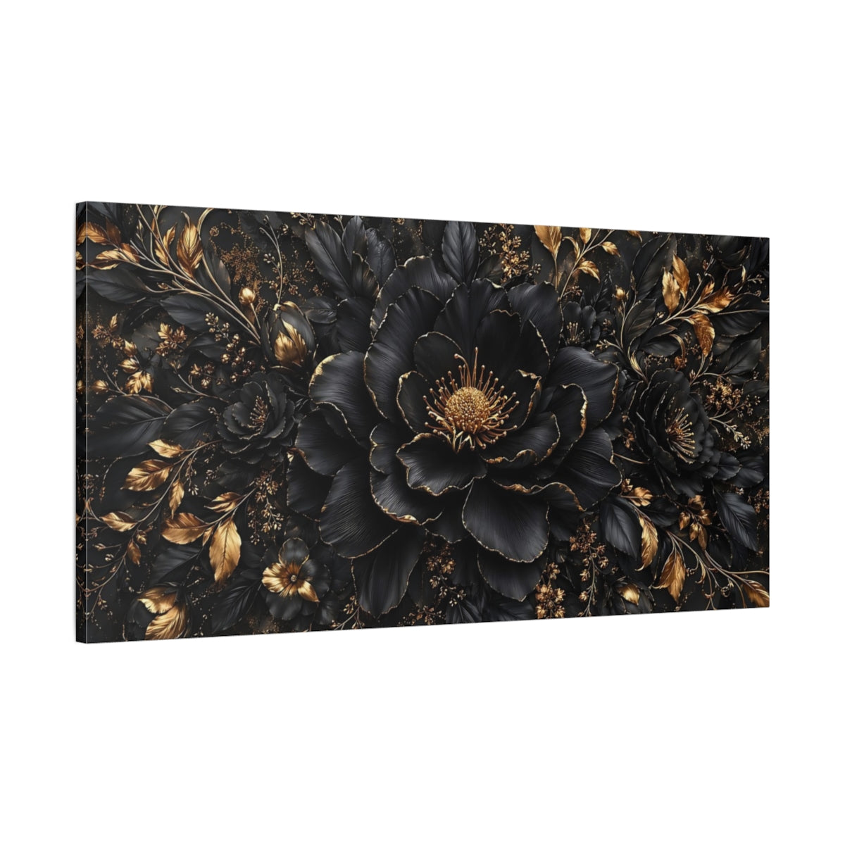 Main Mockup. Floral Black Flowers Black And Gold shown as stretched canvas wall art