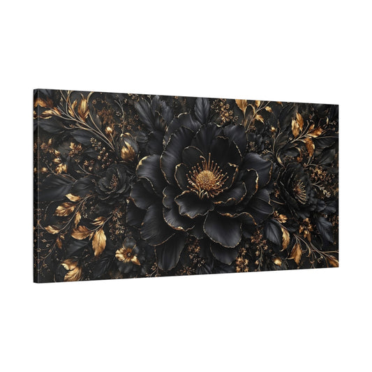 Main Mockup. Floral Black Flowers Black And Gold shown as stretched canvas wall art