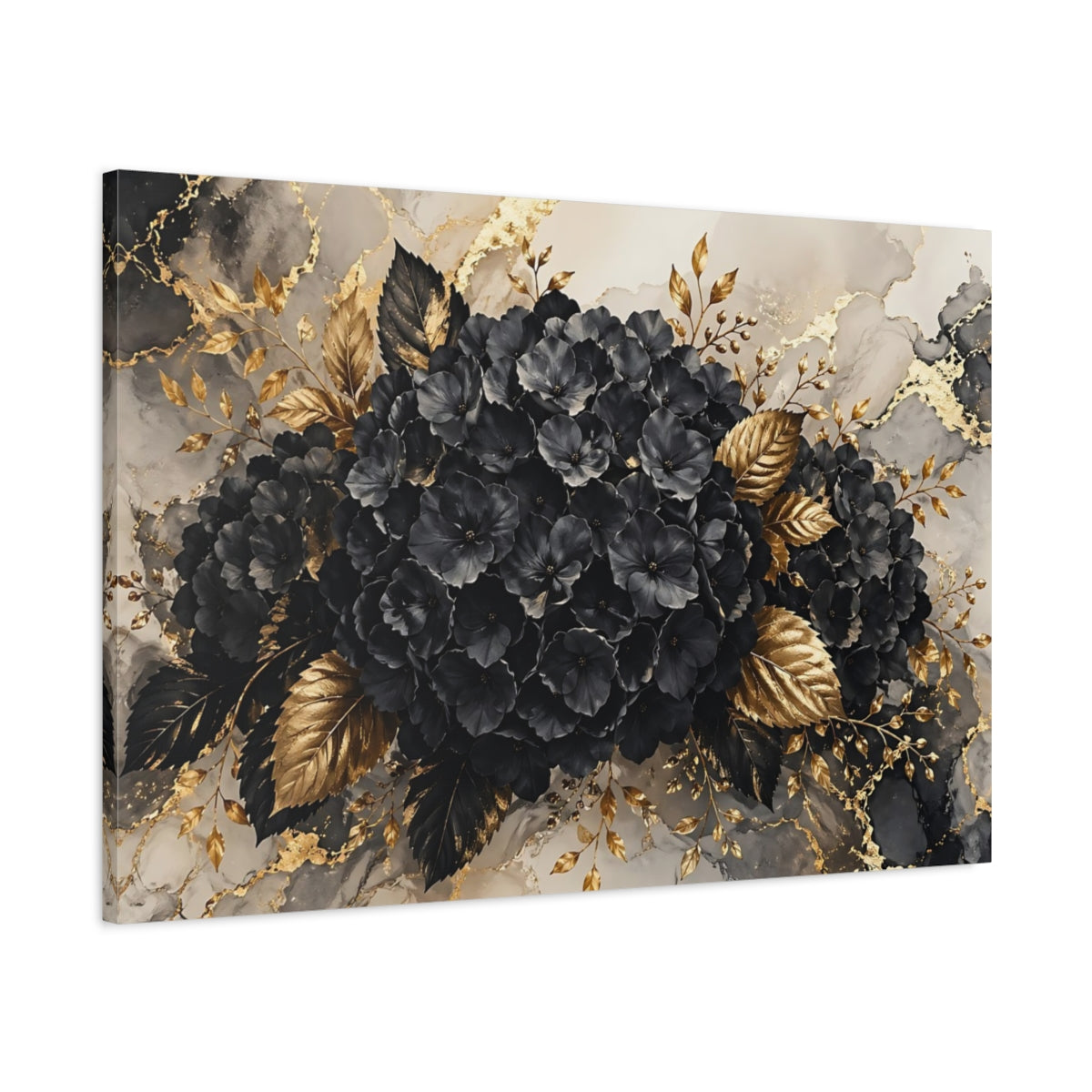 Main Mockup. Floral Black Flowers Black And Gold shown as stretched canvas wall art