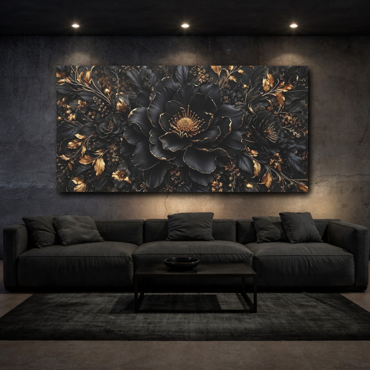 Mockup 2. Floral Black Flowers Black And Gold shown as stretched canvas wall art