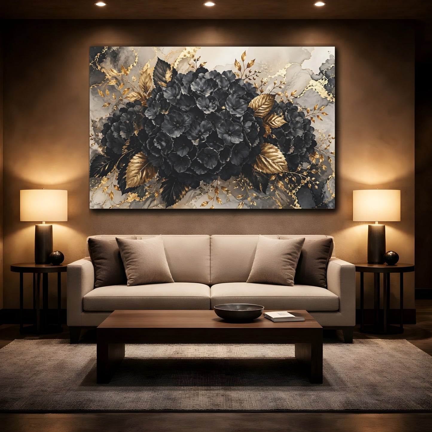 Mockup 2. Floral Black Flowers Black And Gold shown as stretched canvas wall art