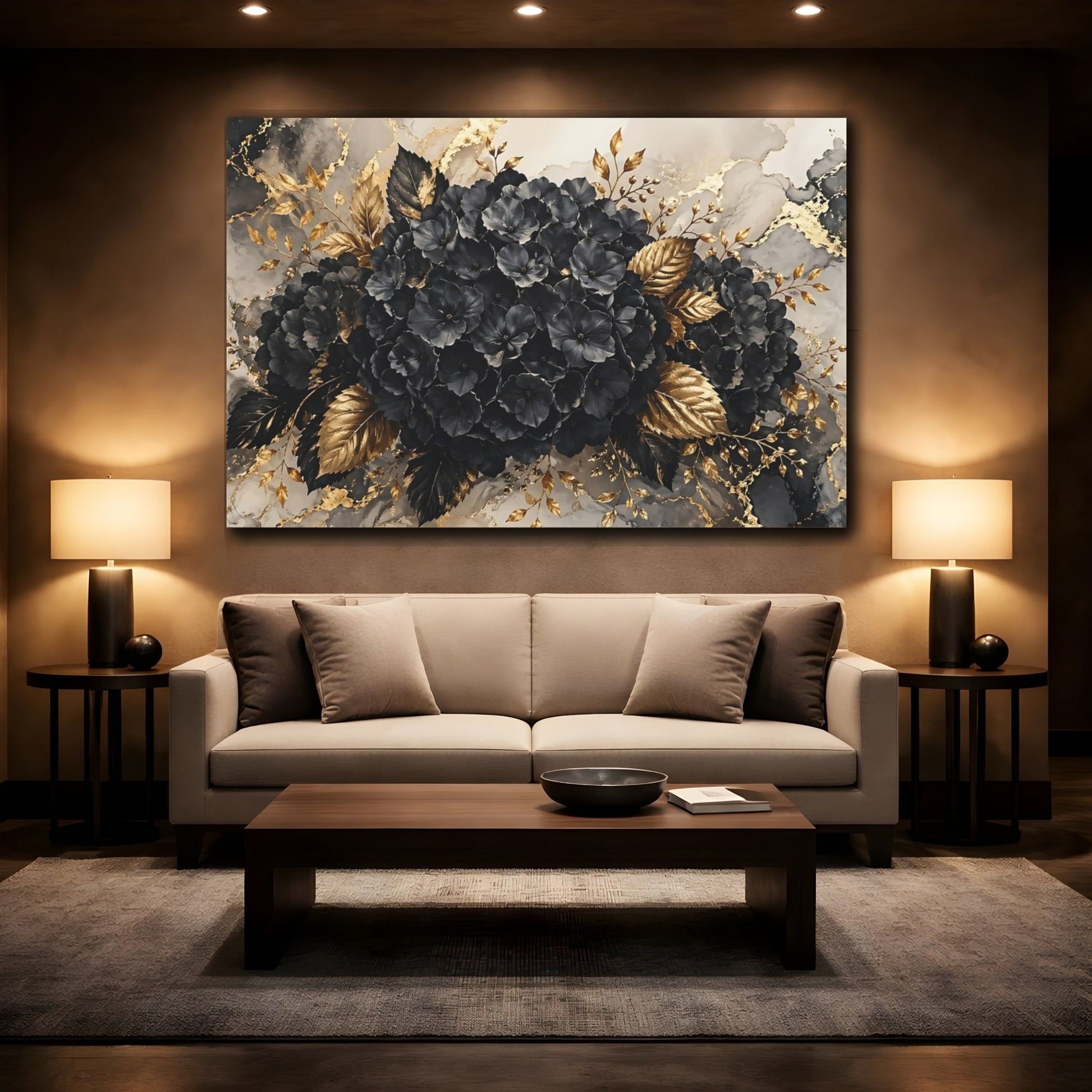 Mockup 2. Floral Black Flowers Black And Gold shown as stretched canvas wall art