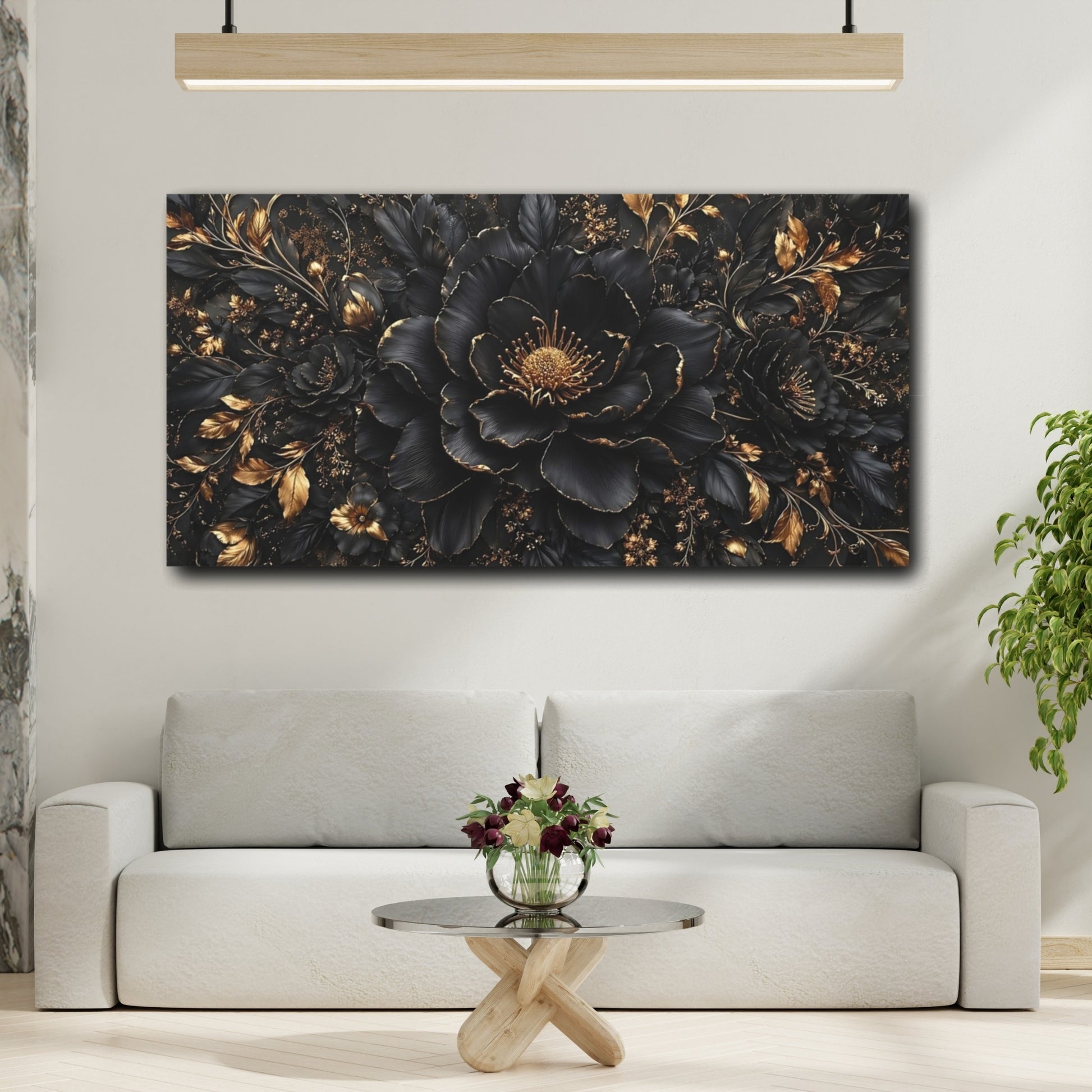 Mockup 3. Floral Black Flowers Black And Gold shown as stretched canvas wall art