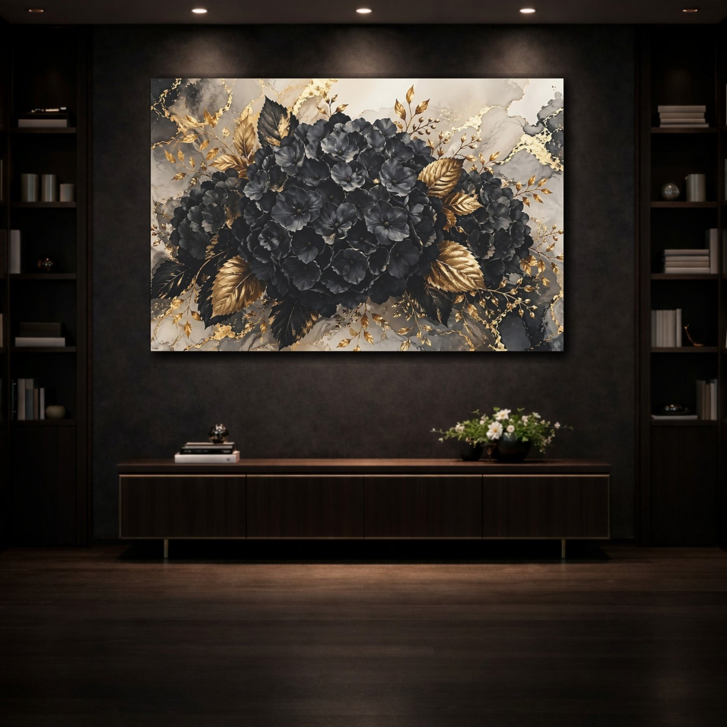 Mockup 3. Floral Black Flowers Black And Gold shown as stretched canvas wall art