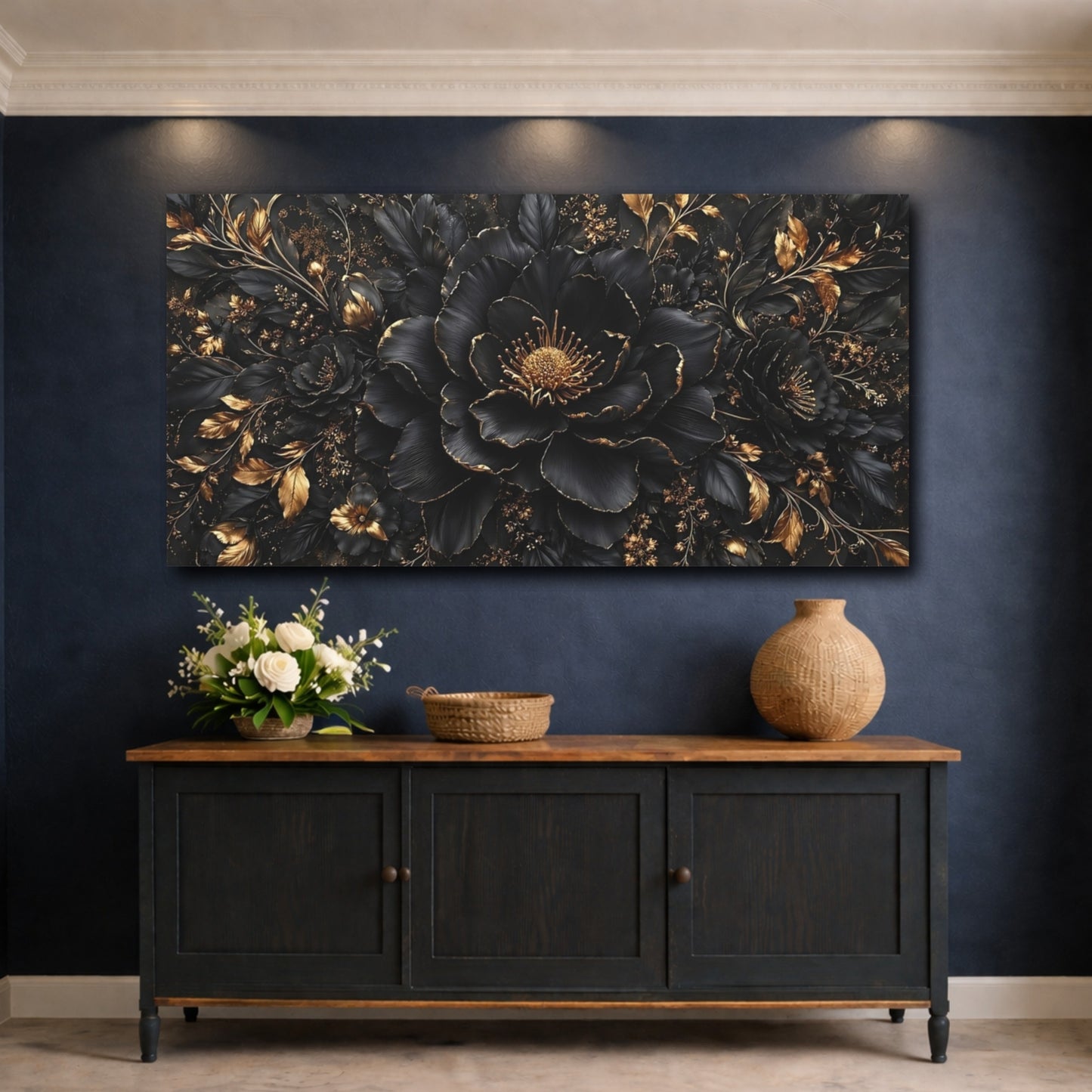 Mockup 4. Floral Black Flowers Black And Gold shown as stretched canvas wall art