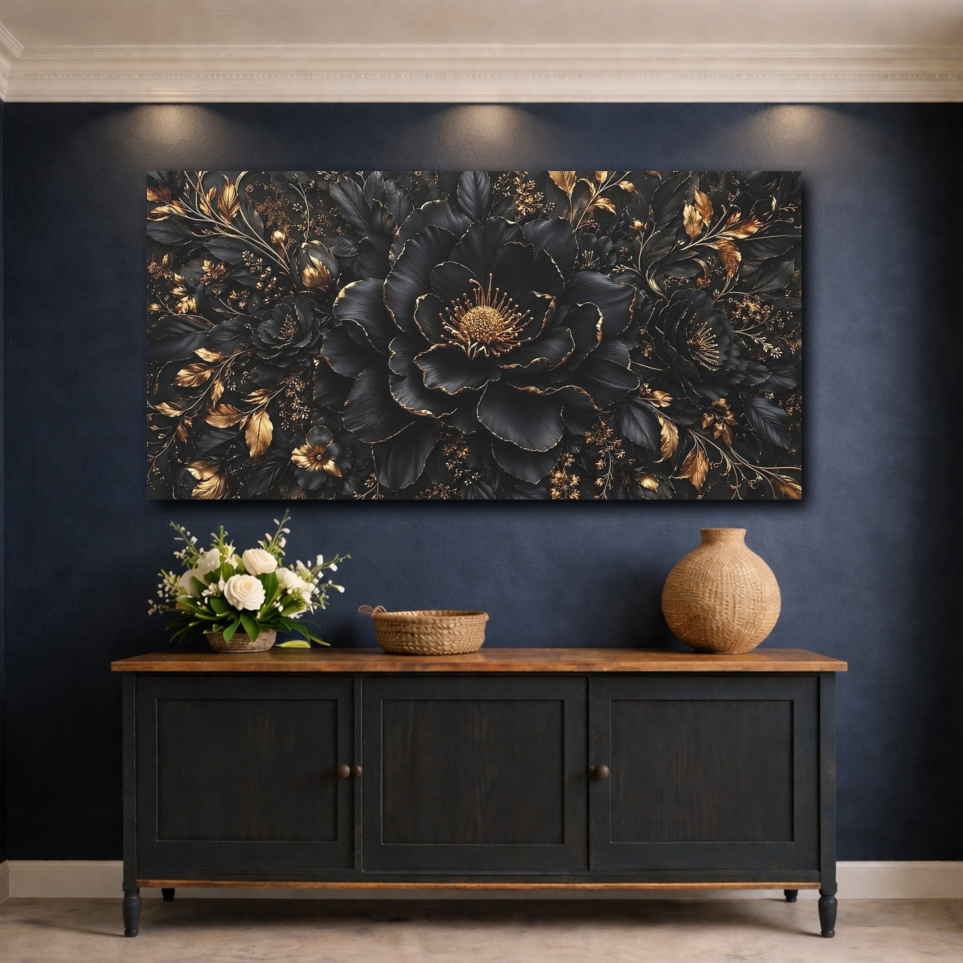 Mockup 4. Floral Black Flowers Black And Gold shown as stretched canvas wall art