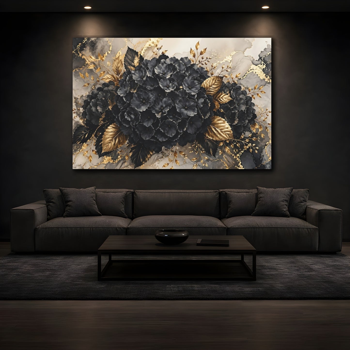 Mockup 4. Floral Black Flowers Black And Gold shown as stretched canvas wall art
