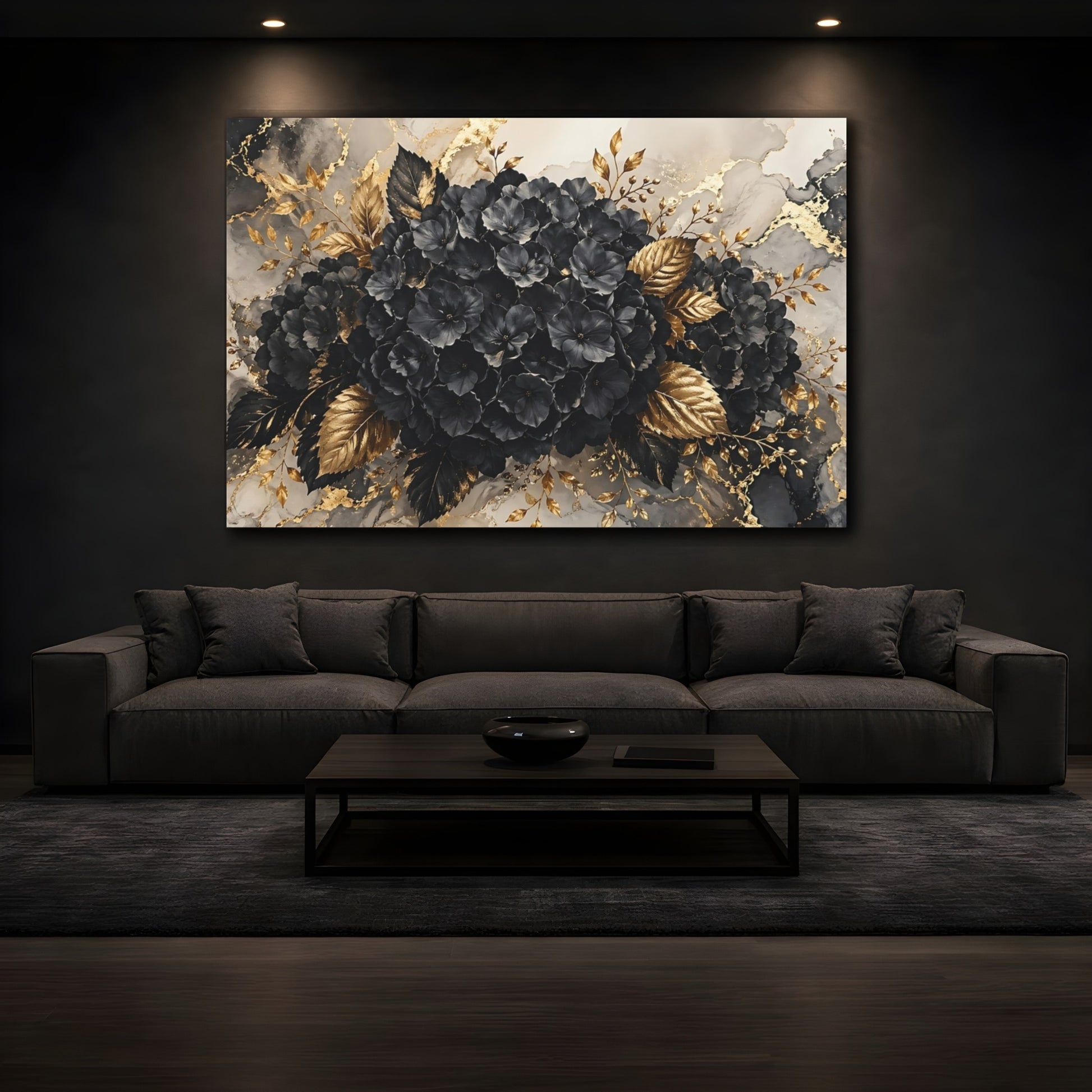 Mockup 4. Floral Black Flowers Black And Gold shown as stretched canvas wall art