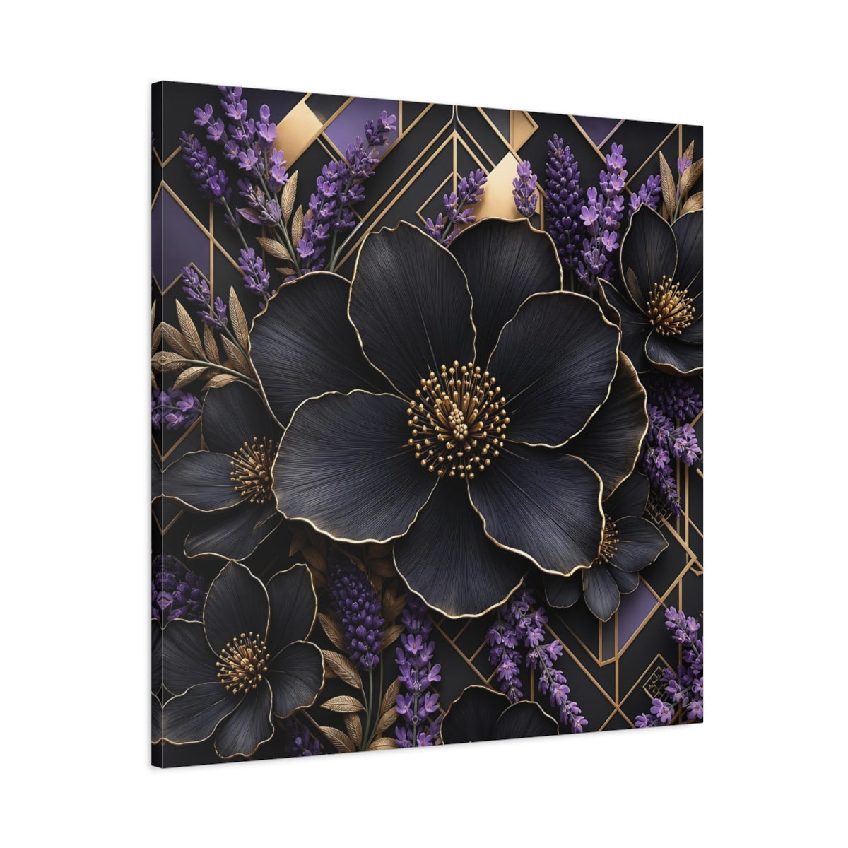 Main Mockup. Floral Black Flowers Black Gold Floral shown as stretched canvas wall art