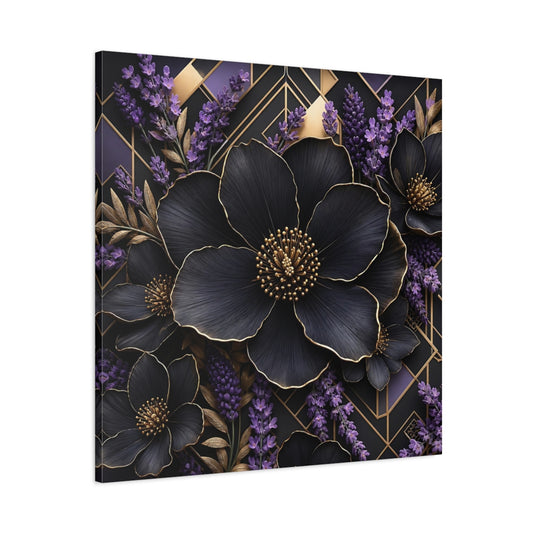Main Mockup. Floral Black Flowers Black Gold Floral shown as stretched canvas wall art