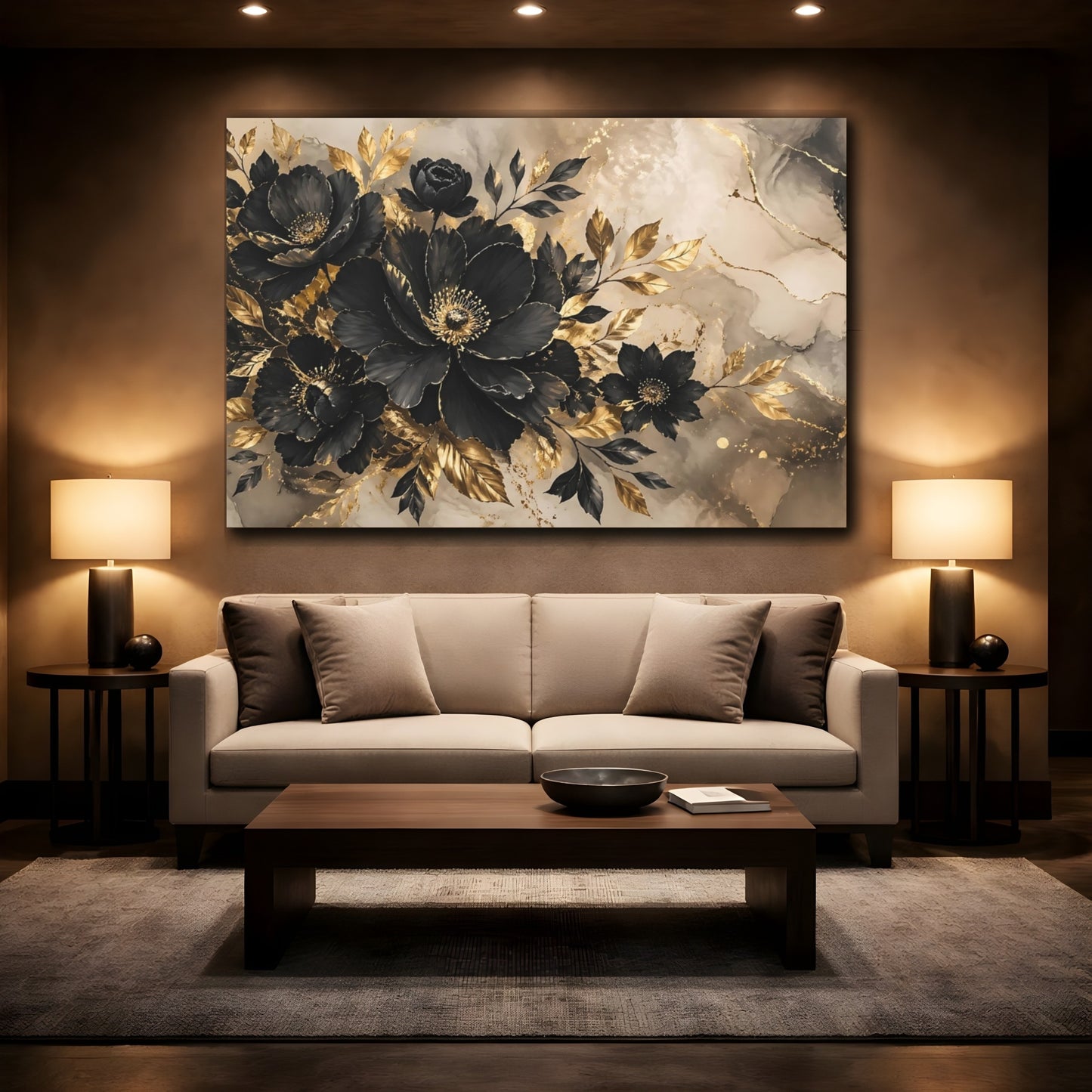 Mockup 2. Floral Black Flowers Black Gold Floral shown as stretched canvas wall art