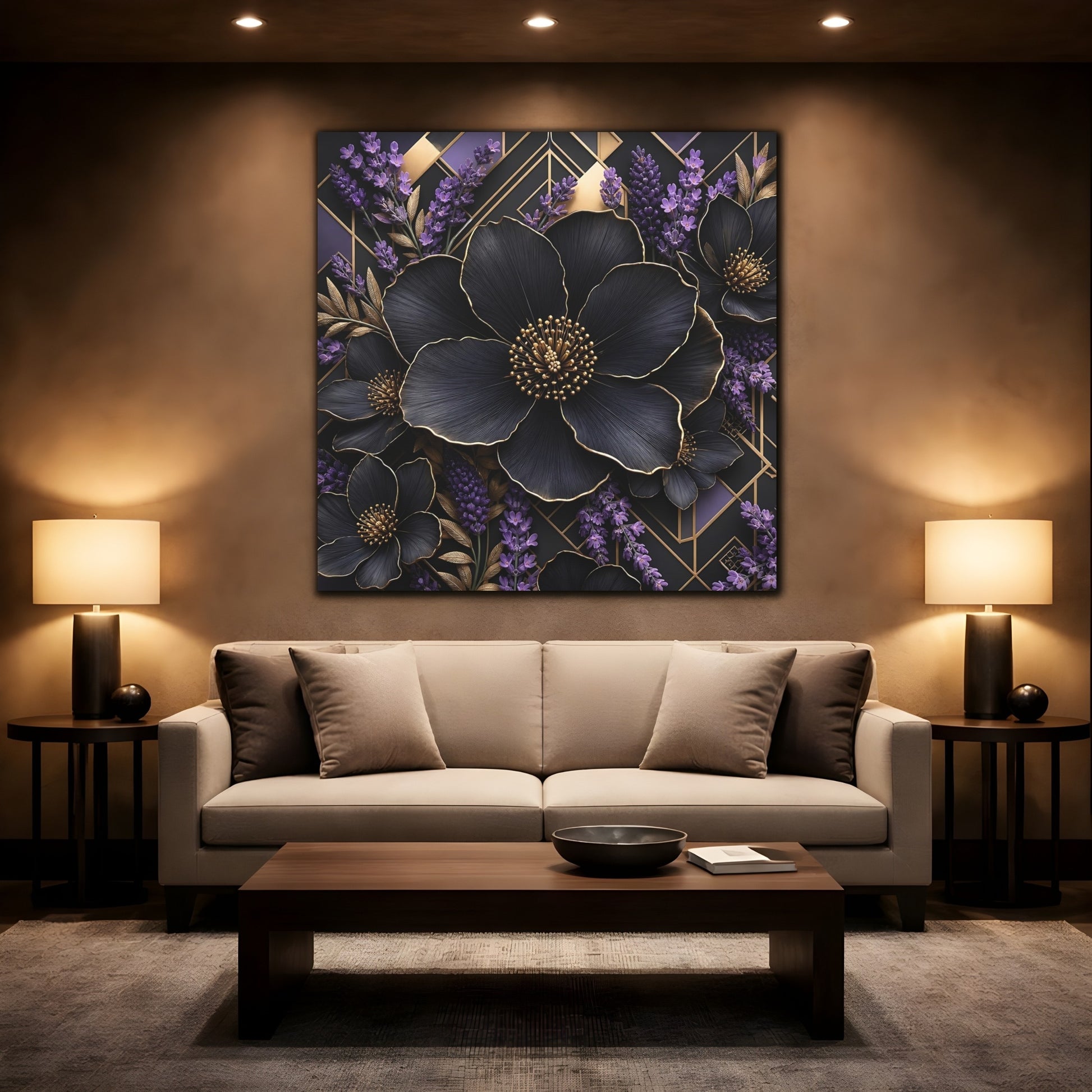Mockup 2. Floral Black Flowers Black Gold Floral shown as stretched canvas wall art