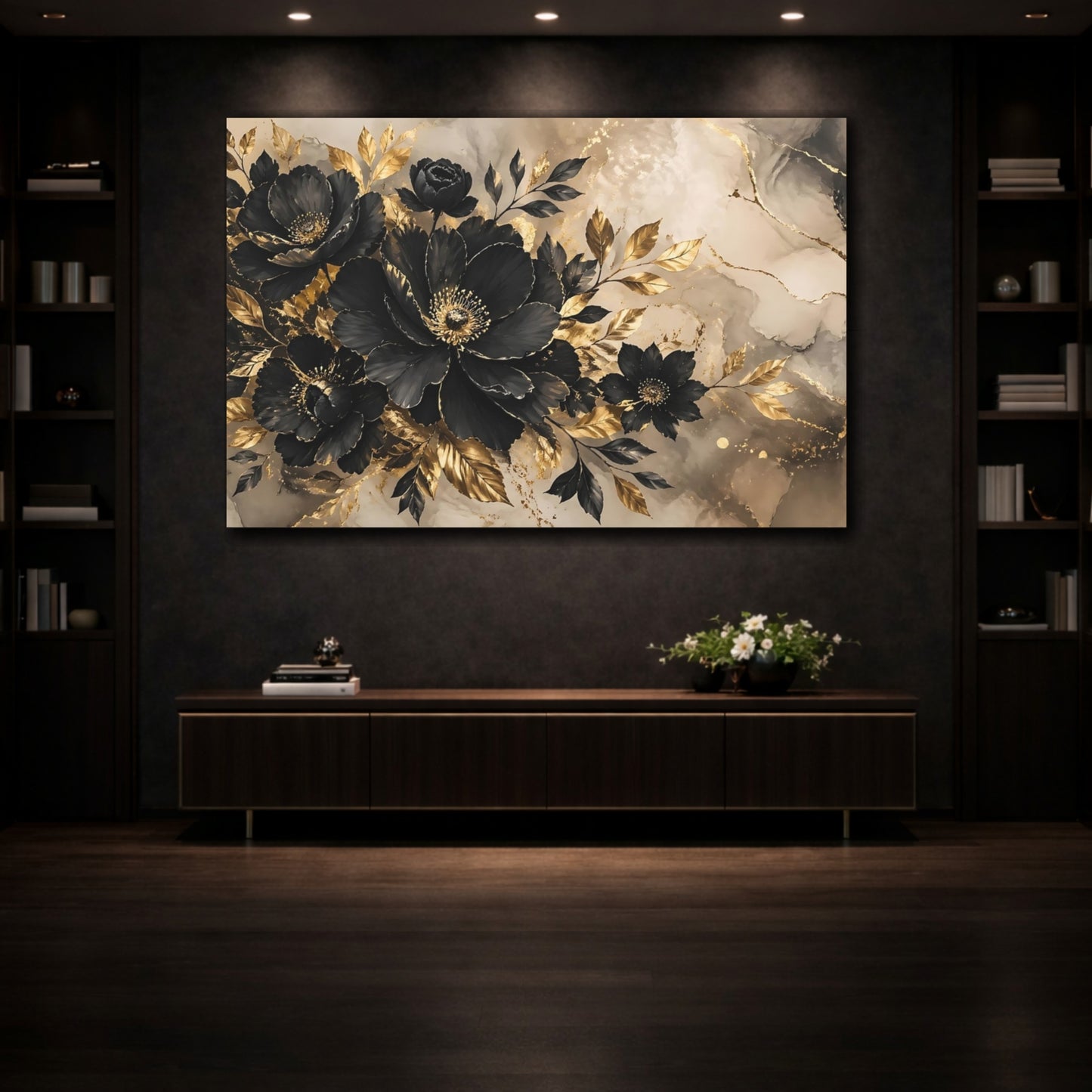 Mockup 3. Floral Black Flowers Black Gold Floral shown as stretched canvas wall art