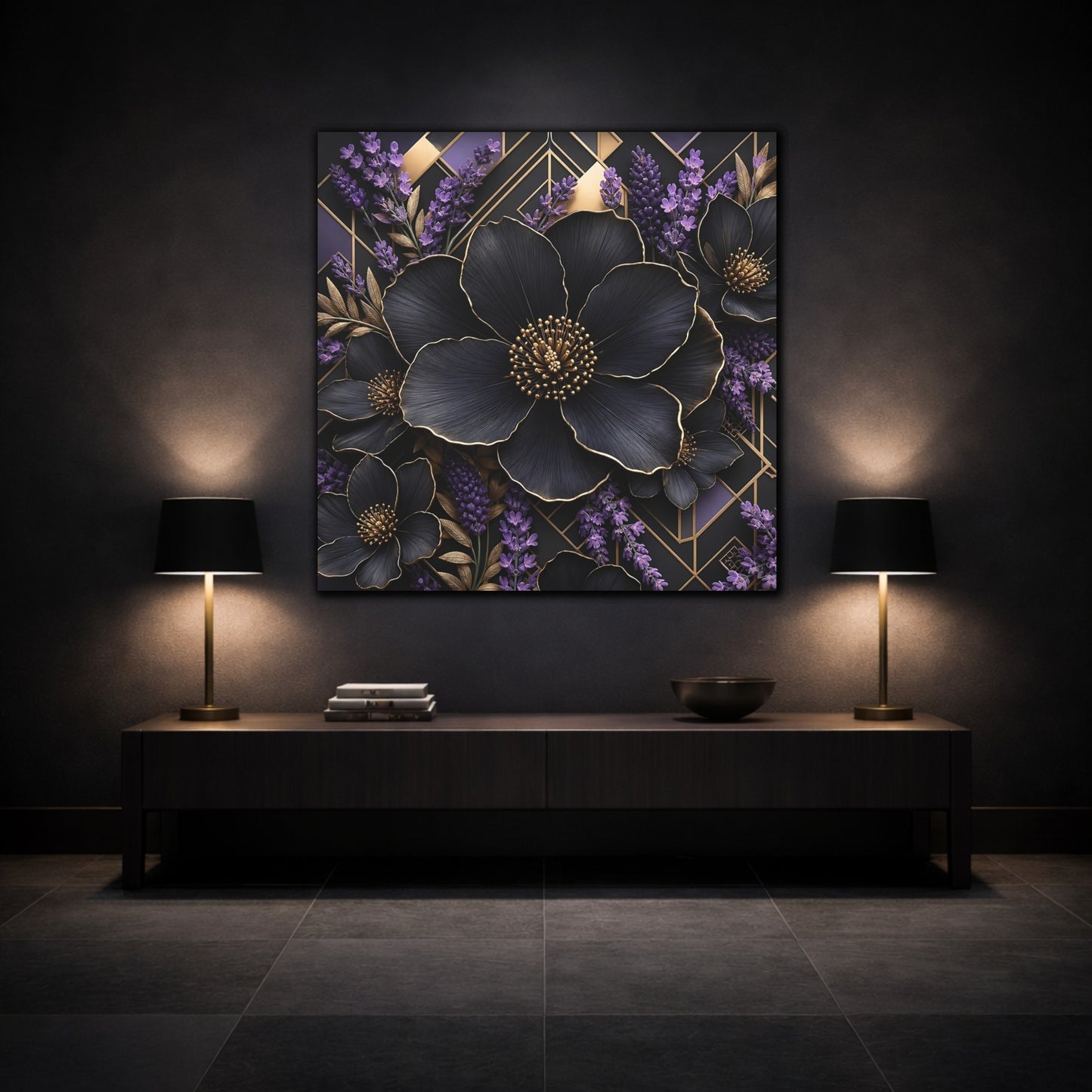 Mockup 3. Floral Black Flowers Black Gold Floral shown as stretched canvas wall art