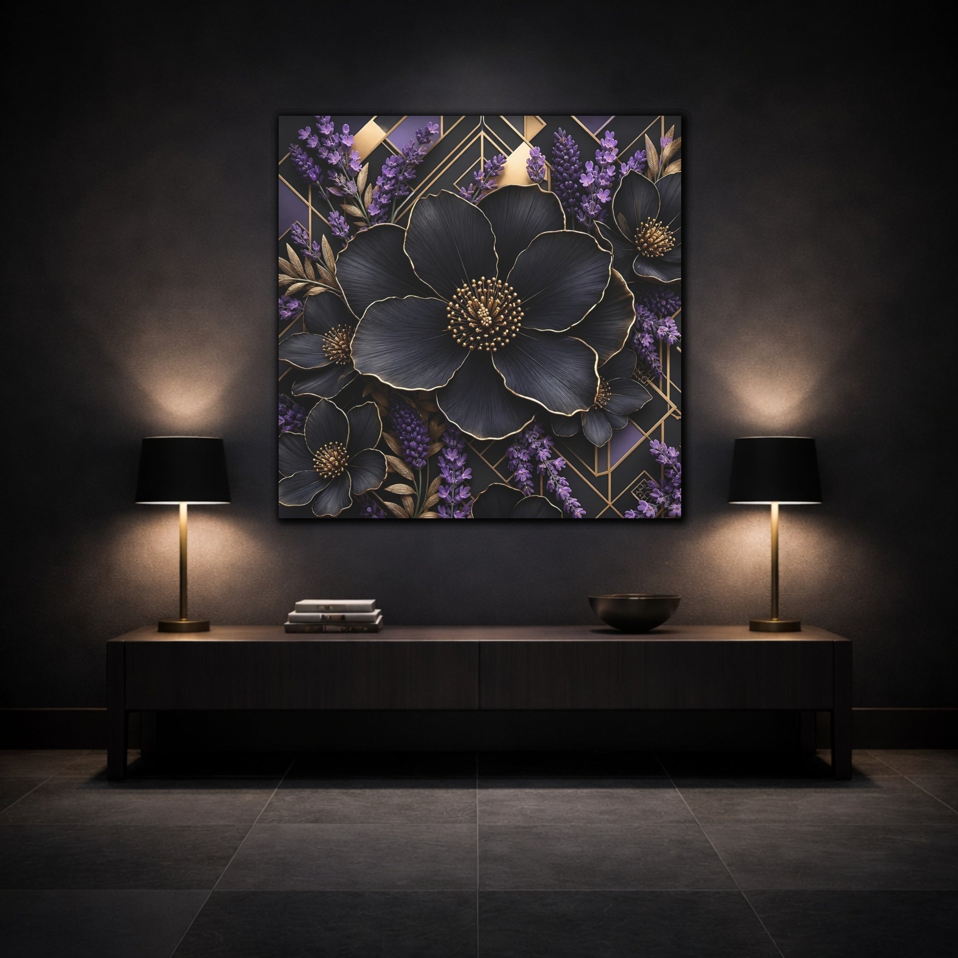 Mockup 3. Floral Black Flowers Black Gold Floral shown as stretched canvas wall art