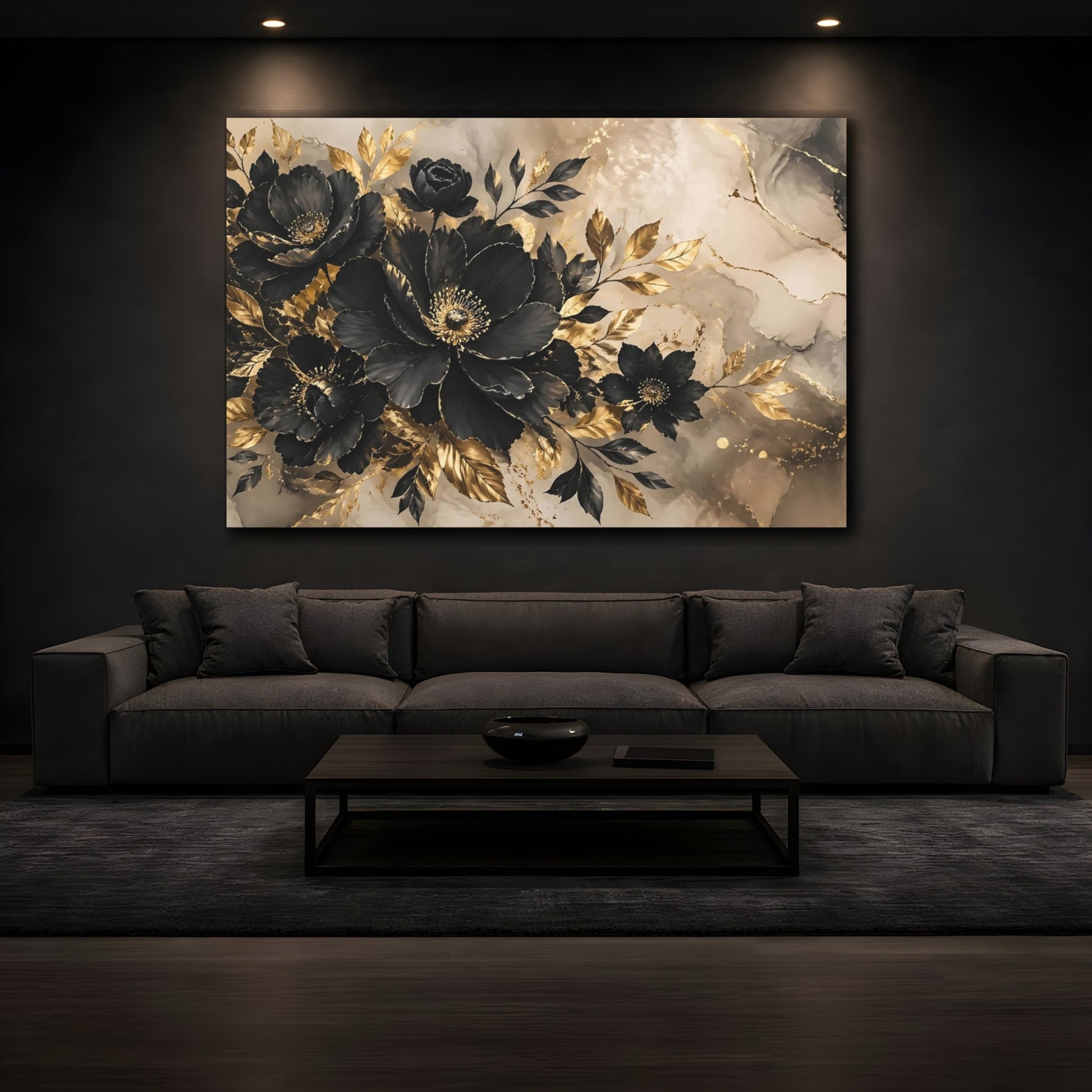 Mockup 4. Floral Black Flowers Black Gold Floral shown as stretched canvas wall art