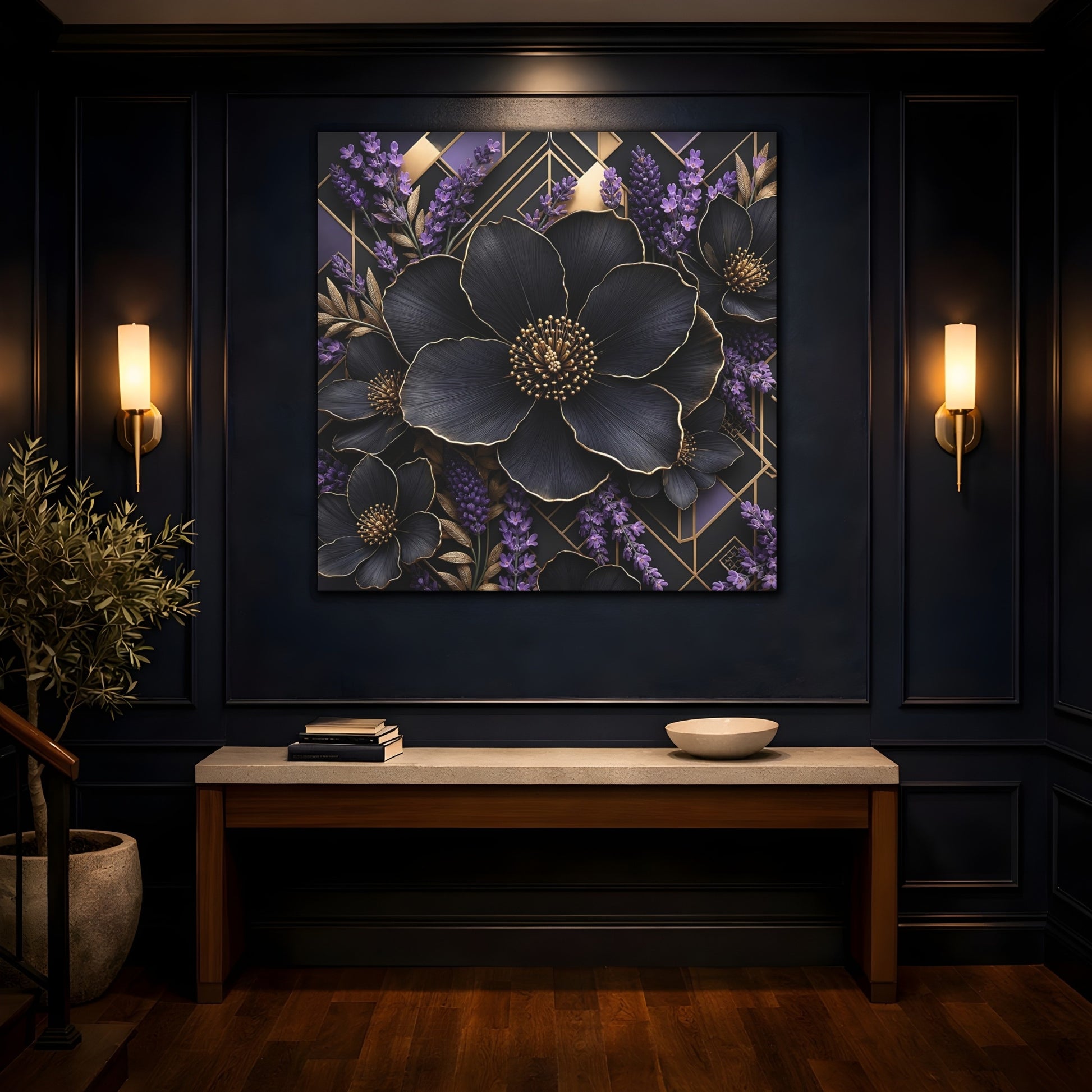 Mockup 4. Floral Black Flowers Black Gold Floral shown as stretched canvas wall art