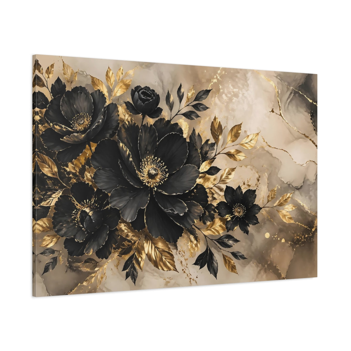 Side Mockup 1. Floral Black Flowers Black Gold Floral shown as stretched canvas wall art