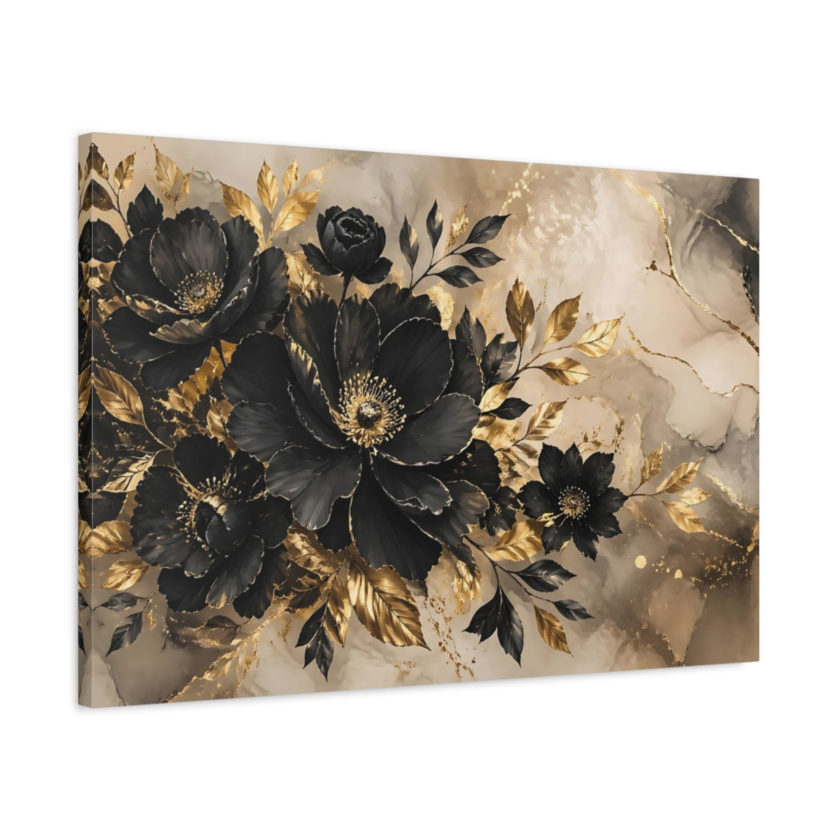 Side Mockup 2. Floral Black Flowers Black Gold Floral shown as stretched canvas wall art