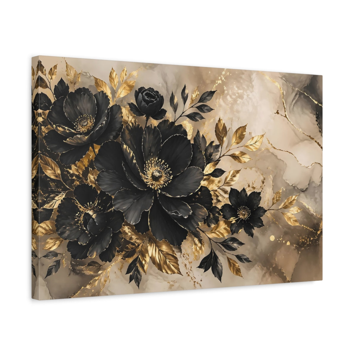 Side Mockup 3. Floral Black Flowers Black Gold Floral shown as stretched canvas wall art