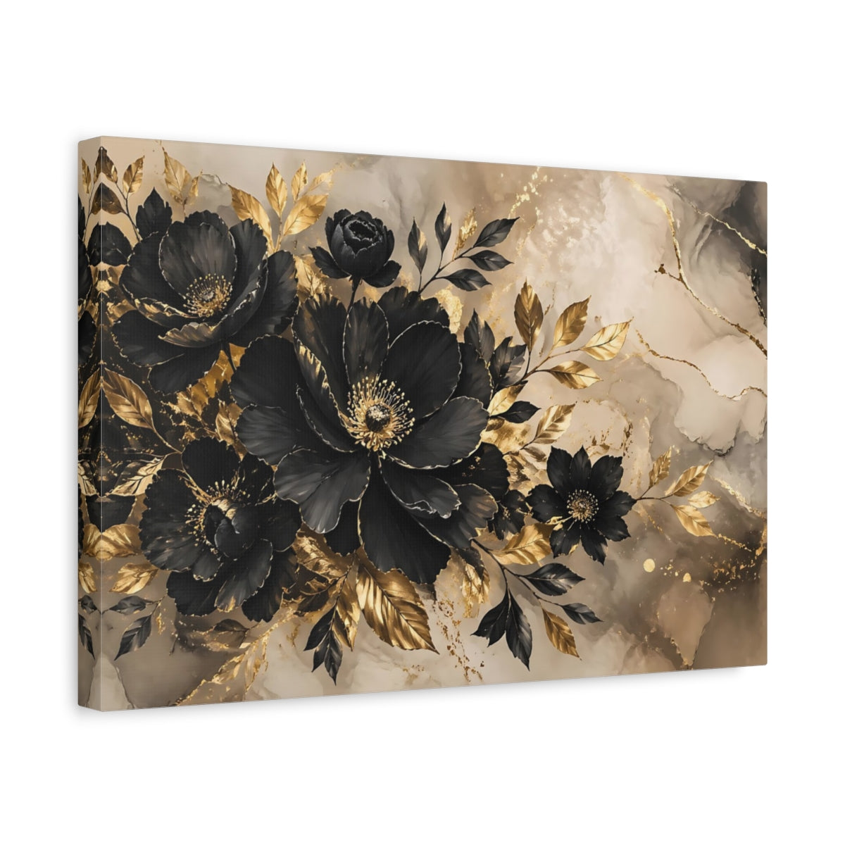Side Mockup 4. Floral Black Flowers Black Gold Floral shown as stretched canvas wall art