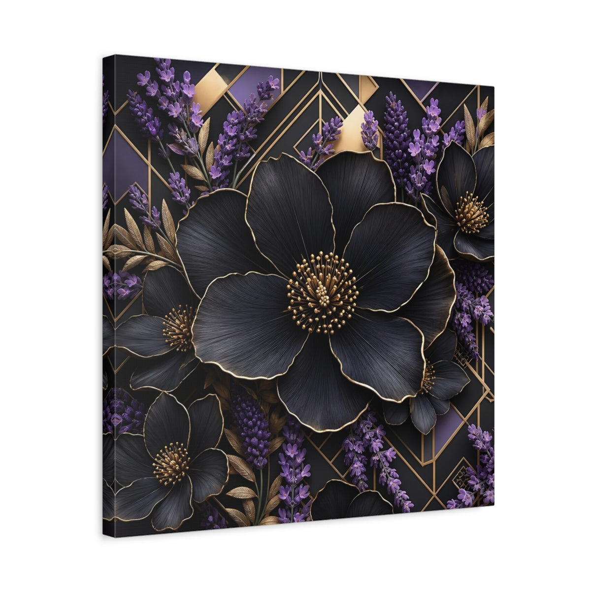 Side Mockup 5. Floral Black Flowers Black Gold Floral shown as stretched canvas wall art
