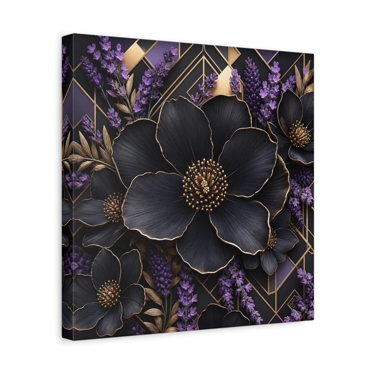 Side Mockup 7. Floral Black Flowers Black Gold Floral shown as stretched canvas wall art