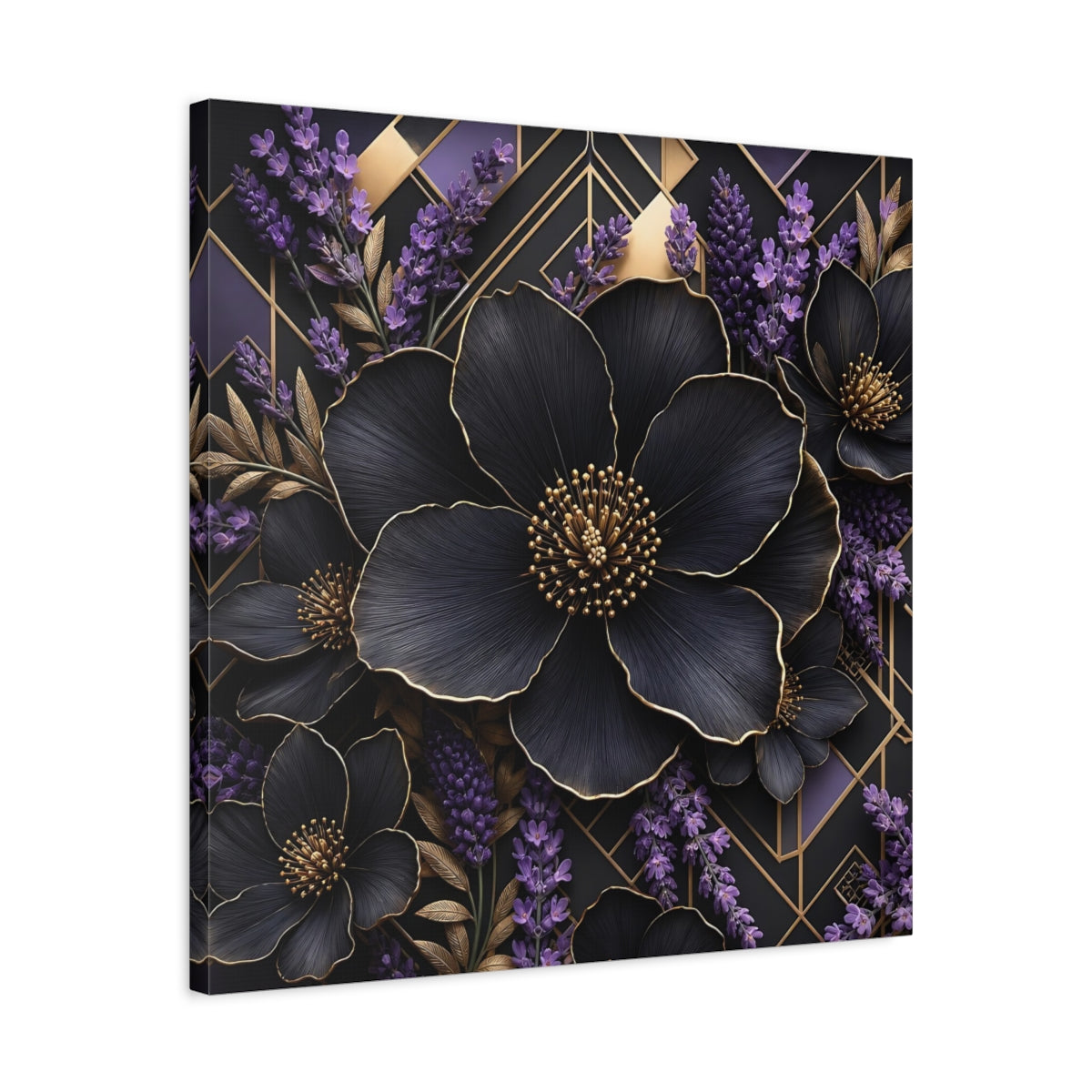 Side Mockup 4. Floral Black Flowers Black Gold Floral shown as stretched canvas wall art