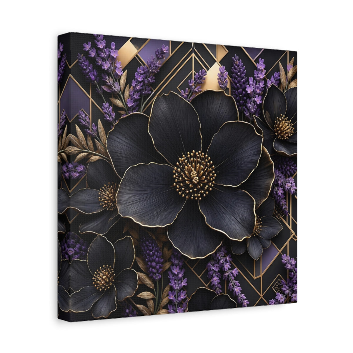 Side Mockup 8. Floral Black Flowers Black Gold Floral shown as stretched canvas wall art