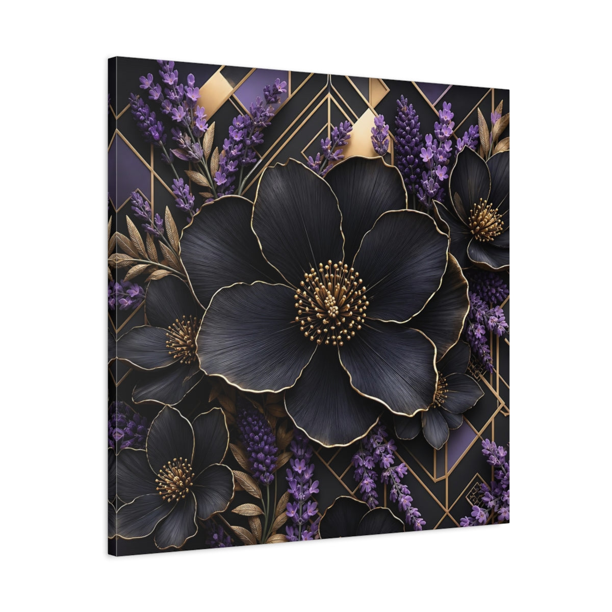 Side Mockup 3. Floral Black Flowers Black Gold Floral shown as stretched canvas wall art