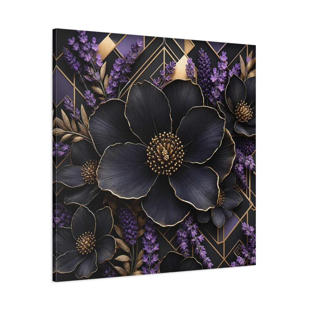 Side Mockup 1. Floral Black Flowers Black Gold Floral shown as stretched canvas wall art