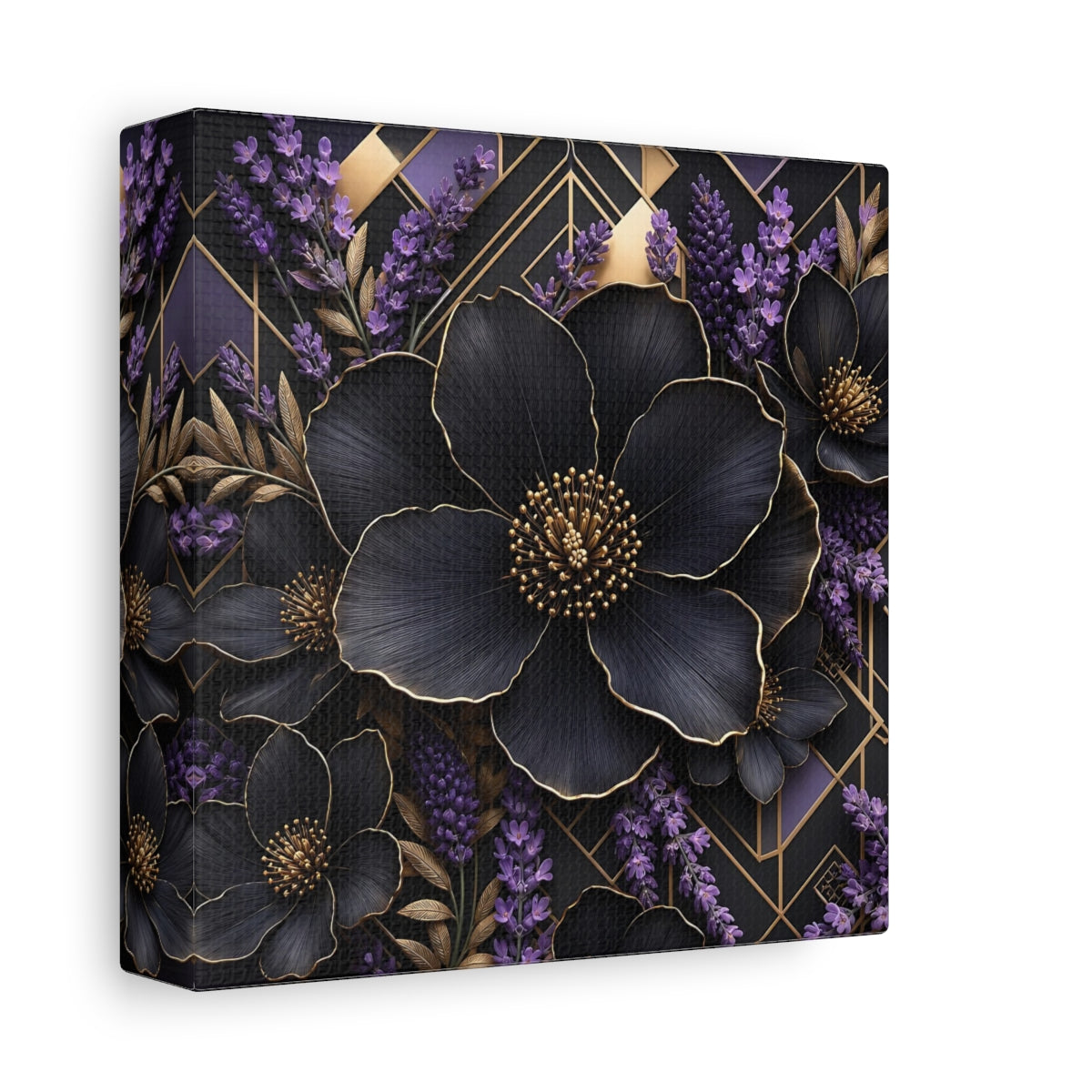 Side Mockup 2. Floral Black Flowers Black Gold Floral shown as stretched canvas wall art