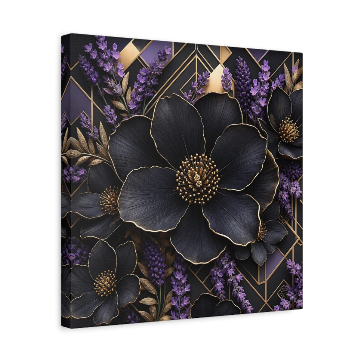 Side Mockup 6. Floral Black Flowers Black Gold Floral shown as stretched canvas wall art