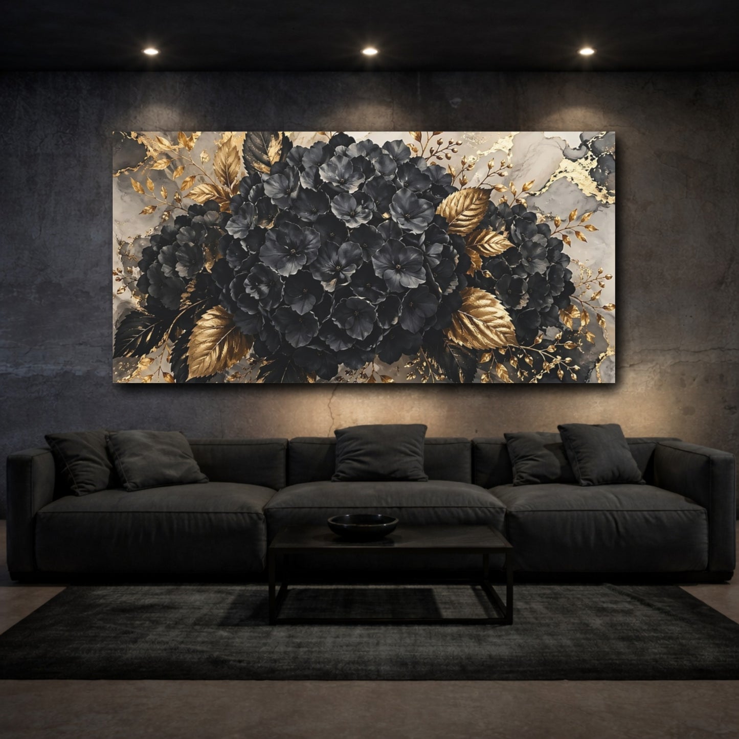 Mockup 2. Floral Black Hydrangeas Black Gold Floral shown as stretched canvas wall art
