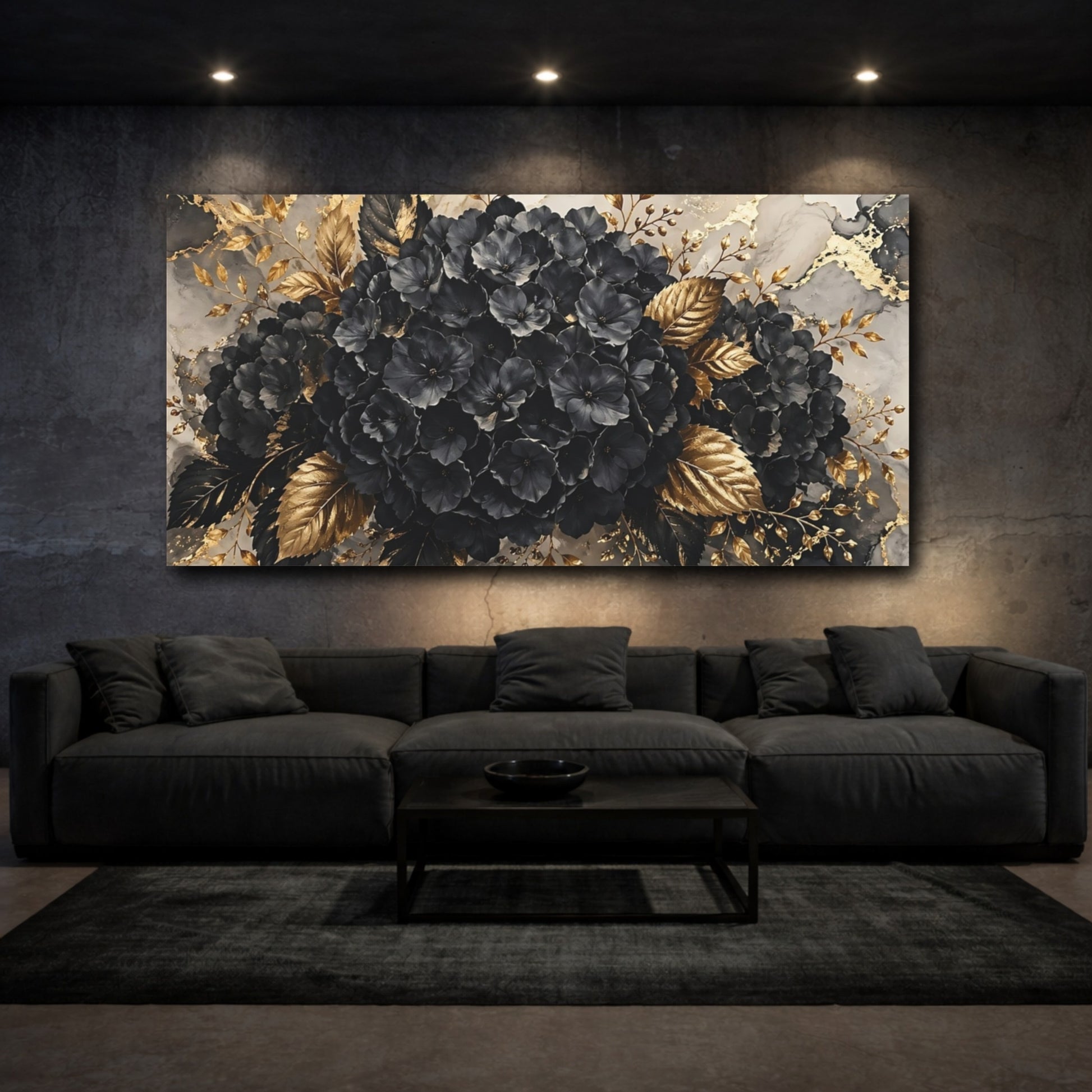 Mockup 2. Floral Black Hydrangeas Black Gold Floral shown as stretched canvas wall art
